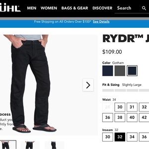Men’s Kuhl Ryder Jeans.  Black w/ gold stitching.  Waist 34, Length 32